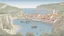 Placeholder: bay at foot of cliffs, with medieval buildings, shops, inn, taverns, people, piers, harbour, trees