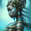 Placeholder: Sango fantasy, fantasy magic, intricate, sharp focus, illustration, highly detailed, digital painting, concept art, matte, art germ and Paul Lewin and Kehinde Wiley, masterpiece Japanese dancer head bronze squid' Asian African girl nice breast Thai hair turquoise silver blue under water