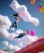 Placeholder: Ultra realistic speed clouds sky scene, wide angle view, sweet women falling down, inflatable color clothing, free jumping flying, many trinkets, hair monster. many jelly beans, balls, color smoke, smile, happy, circus style, extreme, wind, 20,000 feet altitude, stratosphere, soft color, highly detailed, unreal engine 5, ray tracing, RTX, lumen lighting, ultra detail, volumetric lighting, 3d, finely drawn, high definition, high resolution.