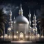 Placeholder: Hyper Realistic Silver Mosque with beautifully-crafted-domes-&-minarets & light-lamp-stand at beautiful dark night with stars on sky & few men worshiping