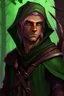 Placeholder: Male wood elf, rogue assassin, light brown skin, bright green eyes, mauve hair, hooded all black leather, sneaky, trees, stoner, long bow