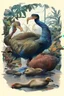 Placeholder: John James Audubon-like illustration of a fully uncropped Dodo bird and a Platypus in a landscape of warm yellows, warm reds, and warm blues