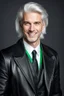 Placeholder: plauge doctor in balck leather coat and suit with silver hair, pale skin and bright green eyes smiling with sharp teeth, nice young face, male, viscious smile