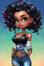 Placeholder: vibrant psychedelic comic book image, airbrush, 48k, cartoon art of a chibi curvy black female wearing torn jeans pants and a black tie dye off the shoulder blouse. Prominent make up with lush lashes. Highly detailed sleek wavy ponytail