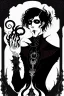 Placeholder: gothic creepy handsome black haired warlock with gothic jewelry and tentacle hands in the style of aubrey beardsley