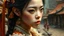 Placeholder: closeup frail thin Asian girl in medieval kingdom, in Victorian dress, background village, orange yellow,, 8k, high quality, trending art, trending on artstation, sharp focus, studio photo, intricate details, highly detailed, by tim burton