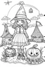 Placeholder: outline art for cute Farm life coloring pages with witch, white background, Sketch style, full body, only use outline, Mandala style, clean line art, white background, no shadows and clear and well outlined