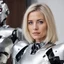 Placeholder: A woman with blonde hair and brown eyes stands next to a silver robot.