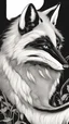 Placeholder: Black and white fox with 6 tails laying