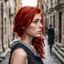 Placeholder: a girl with bright red hair, looking over her shoulder, scared, walking along a bust street