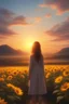 Placeholder: At sunset turn this into a beautiful sunflower scenery, magical, painting quality 8K , a woman standing in the middle watching the sunset