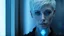 Placeholder: portrait of human android Anita, 25 years old, with a blue blure glowing tattoo on her neck: female, short white hair, neat hairstyle tied back, white albino skin, blue eyes, big eyes, freckles, nice, kind and friendly face