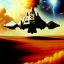 Placeholder: dramatic Chris Foss painting of a space explosions battle scene with an armored VTOL hovercraft with gun turret in the desert with stormy sky and a duststorm