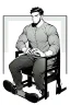 Placeholder: male character sitting on a plastic chair, line arts, greyscale