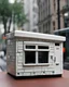 Placeholder: intricate porcelain sculpture of the square vacant street kiosk, circa 2000, painted and glazed ceramics, 7 cm height, facade small square window for cash, flat roof, one-story, one-room, silver mean composition, hyper detailed, sophisticated, contemporary urban art gallery, product-focused, sharp focus, inspired by minimalism, Mark Rothko, Marc Chagall, Benetton and gestalt theory