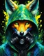 Placeholder: Vibrant and dynamic masterpiece with fluid patterns forming a killer fox wearing a hood and a gas mask, its eyes are intense. Bright colors of green, blue and a touch of yellow, creating a fascinating effect. The black background creates a strong contrast, making the colors stand out even more., concept art, dark fantasy, vibrant, painting, portrait photography