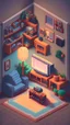 Placeholder: Detailed isometric living room, pixel art, unreal engine voxel render, video games, very cozy, nostalgia, boy in room in front of tv, c4d render