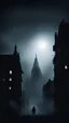 Placeholder: Foggy black silhouette in black haze in the air against the backdrop of night buildings in the style of a horror film, eerie atmosphere