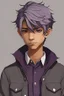 Placeholder: Light brown skin, red eyes, straight short purple-grey hair, black clothes, round face, teenager