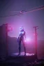 Placeholder: 3d, si-fi hunger, girl middle stand on round glowing platform, connected by wires , vr googles, beautifully color coded, super detailed, moody lighting, volumetric lighting, night time, glowing veins, mass effect, vertical light glow