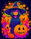 Placeholder: A detailed illustration a Halloween black witch with halloween pumpkin, t-shirt design, flowers splash, t-shirt design, in the style of Studio Ghibli, pastel tetradic colors, 3D vector art, cute and quirky, fantasy art, watercolor effect, bokeh, Adobe Illustrator, hand-drawn, digital painting, low-poly, soft lighting, bird's-eye view, isometric style, retro aesthetic, focused on the character, 4K resolution, photorealistic rendering, using Cinema 4D