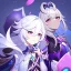 Placeholder: Genshin woman, Clear Focus High resolution, Calm Background, Light skinned woman, White long beatiful hair, Purple sparkling eyes, Very Beatiful Face, Splash art, Color pallete black purple pink