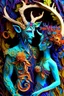 Placeholder: "Satyr Union"; surreal Satyr and Nymph couple wearing colorful Royal wedding attire made with quilling found in nature; Avant-garde