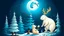 Placeholder: fantasy cartoon illustration: a reindeer, a polar bear, a rabbit are decorating a Christmas tree, beneath a full moon