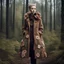 Placeholder: vogue fashion photo, brown tuffle coat, beautiful swedish forest view, mages, large, floral designs, atmospheric, beautiful, China Doll, , dark background, mid shot, full body, neutral expression, buzzcut hair, ultra realistic, highres, superb, 8k wallpaper, extremely detailed, intricate, limited palette,