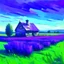 Placeholder: purple field with a wooden house in the middle in oil painting