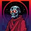 Placeholder: 8 bit pixelart of a terminator like robot, synthwave colored, vaporware, budist monk robe