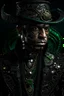 Placeholder: handsome faced young black catman gothic punk shaman adorned with filigree bronze patinated dust textured shamanism vantablack leather filigree hat headdress wearing goth punk shamanism bronze and platina colour gradient goth black steel chain lace ribbed leather jacket embossed art nouveau florals, malachite black onix stone pearls ornated tuxedo organic bio spinal ribbed detail of goth punk style shamanism background extremely detailed hyperrealistic gothica filigree portrait