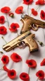 Placeholder: Two gold pistols and a red notebook on a white scarf. A bed of red poppies. Close-up from above.cinematic