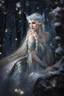 Placeholder: Elven princess,elven crown,long white blonde golden hair,rapunzel hair,ice flowers,beautiful,light blue,dark blue,golden armor,sparkle,glitter,ice flowers,snow,elven ears,dark fairy princess