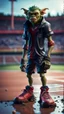 Placeholder: full figure portrait of a giant vampire werewolf goblin gremlin with soccer boots on wet soil in front of basketball court, in the style of Gorillaz,bokeh like f/0.8, tilt-shift lens 8k, high detail, smooth render, down-light, unreal engine, prize winning