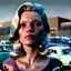 Placeholder: Ultra Realistic retro sci-fi, Supermarket parking scene, 1960 year, blonde woman, sweet young Kate moss face, x rays eyes, face makeup, tight latex coat; many panic people, Retro sci-fi style, soft color, highly detailed, unreal engine 5, ray tracing, RTX, lumen lighting, ultra detail, volumetric lighting, 3d, finely drawn, high definition, high resolution.