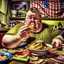 Placeholder: patriotic repulican fat american eating fries in his super messy kitchen HD