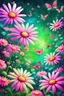 Placeholder: vibrant psychedelic wartercolor painting image, airbrush, 64k, cartoon art image of background GREEN AND PINK FLYING DAISIES and butterflies, futurism style