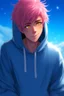 Placeholder: An androgynous young man with tousled pink hair and golden eyes floating among the stars wearing a light blue hoodie and black board shorts. He is smiling softly and holding a star in one hand.