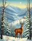 Placeholder: v20th century hungarian vintage postcard, painting of a deer in a snowy forest , a little cute village in the valley in the background, christmas mood, cosy enchanted winter scene, beautiful depiction, inspired by Terry Redlin, snowy winter beauty scene, painting, by Cindy Wright, beautiful detail, by Doris Blair, wintery scene, amazing detail, stunning artwork, vintage postcard, nostalgic style