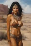 Placeholder: head to waist - native American Indian sports illustrated swimsuit model - Joan Collins - craggy desert wasteland background, 32k, UHD, Hyper-realistic oil painting by Gerald Brom