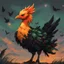 Placeholder: Dusk Chocobo with black feathers and covered in green spots a orange-red ribbon around their neck, background late dusk with moths, Masterpiece, Best Quality, in zelda art style