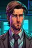 Placeholder: A man looking serious in a suit with brown hair in a comic style but now he looks like he's been on drugs, cyberpunk