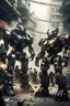 Placeholder: two gigantic robots fighting eachother with different designs heavy armor and a sleek minimalistic design. taken in the streets of NEO TOKYO in the year 2054. smoke and rubble in the background. a crowd of onlookers gather near the edges of the frame. In the style of old 50mm low resolution grainy.