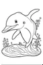 Placeholder: cute coloring page, sketch style, cute baby dolphin in the sea, cute cartoon, white and black, withe background, no shadows, outline.