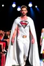 Placeholder: A guy on a fashion runway with Kryptonian Superman design clothes white tones