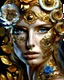 Placeholder: Beautiful face of European woman with voidcore shamanism collage metallic filigree abstract, a portion of her face is art decaden embossed florql t angel , and a portion of her face is stylish flowers metallic filigree foulard print, a portion of her face is gold wooden filigree tqttooed and a portion of her face Is palimpsest stripes, degrade print fantasy background, masterpiece, portrait