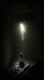 Placeholder: charactere in semi-darkness, on the scree cone of an underground room dimly lit by daylight coming from a well located forty meters above.