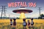 Placeholder: bumper sticker design, large flat ufo with small cap on top, in bold heading text "WESTALL 1966", lots of school children looking up in a field with high voltage powerline and gumtree's, mysterious cool, bold, childrens book style