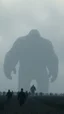 Placeholder: A field of random people at the end of the picture gray background an giant dark shadow of King Kong dark figure standing in under blurry gray planet cinematic, 8k